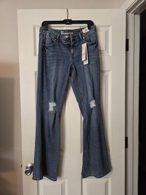 No Boundaries Women's Blue Distressed Flare Jeans